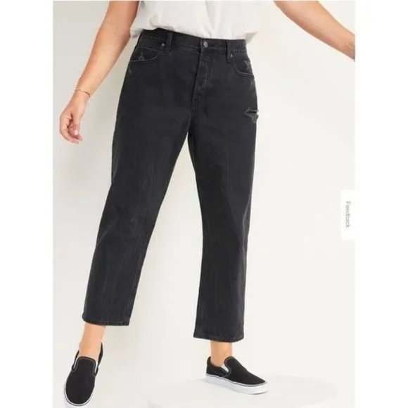 Old Navy High Rise Slouchy Straight Cropped Denim Jean Women 12 Distressed Black - Picture 1 of 10